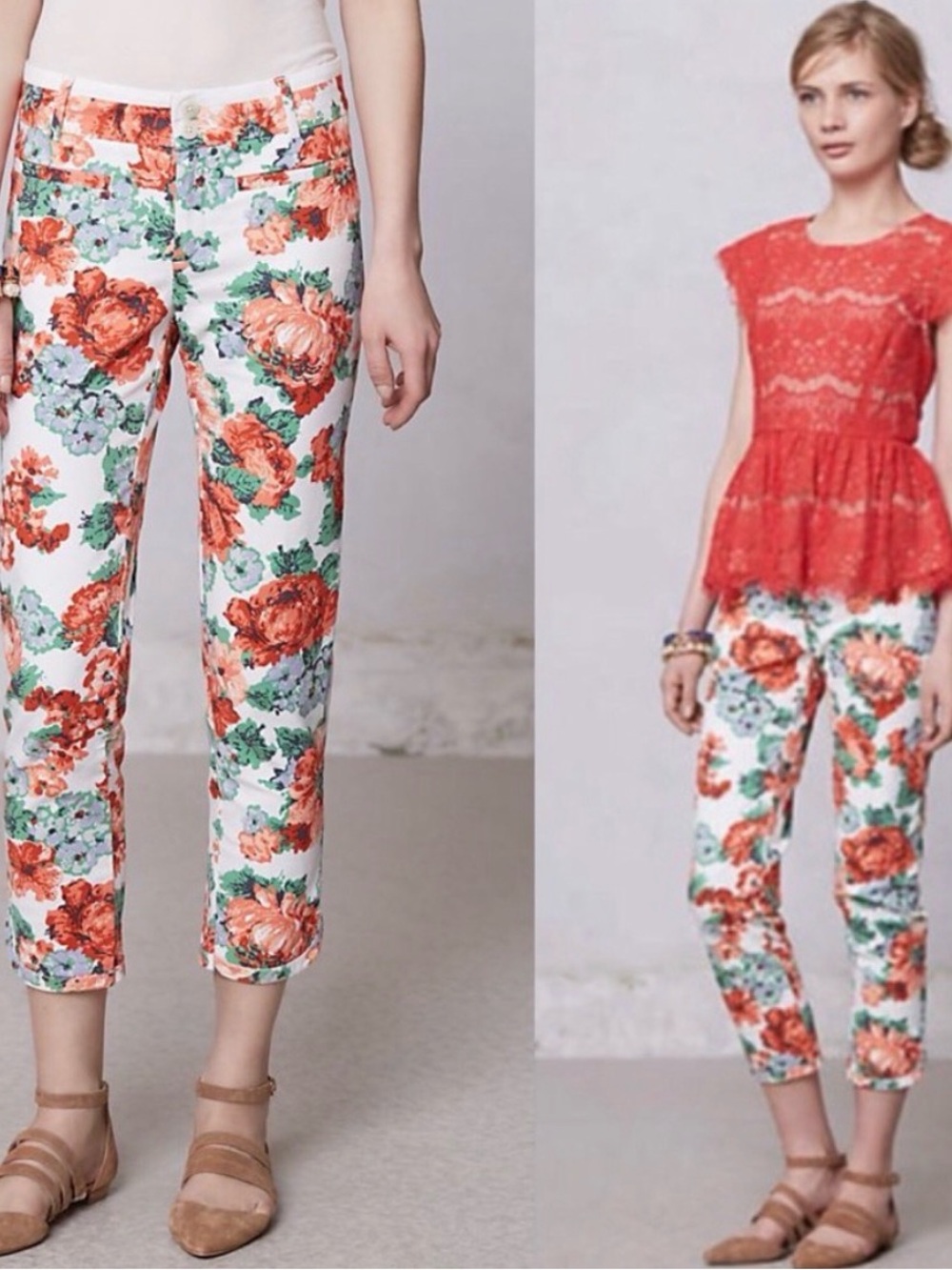 Anthropologie Orange Floral Print 7/8 pants size 10